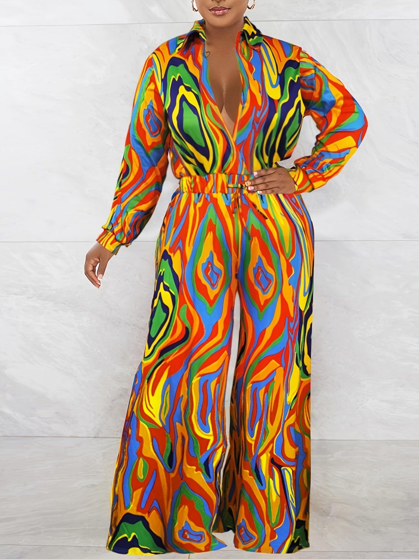  Sexy Jumpsuit Women's Plus Print Long Sleeve Turn Down Collar Jumpsuit