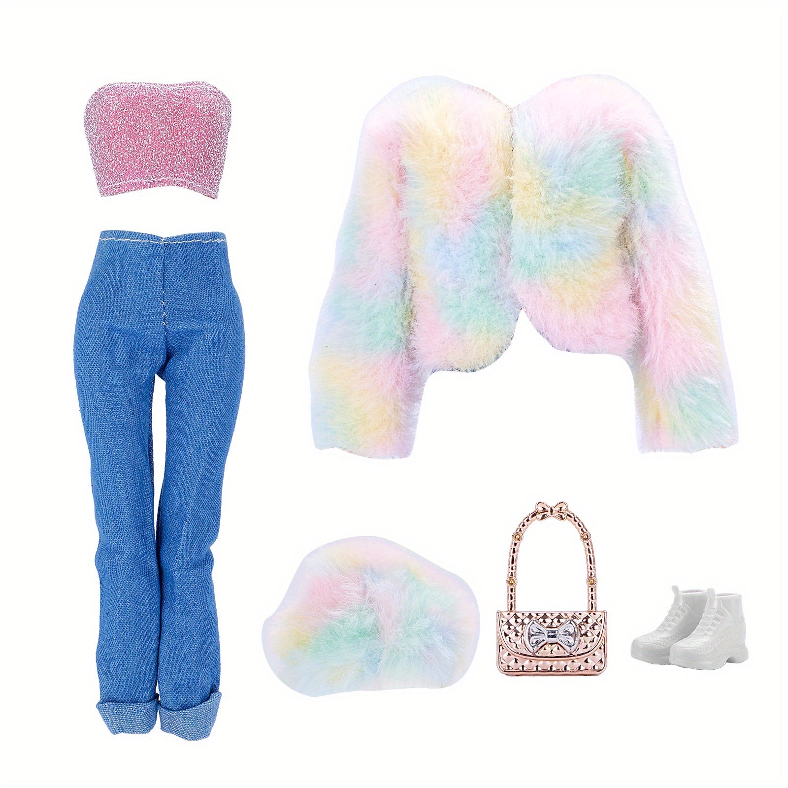 Doll Clothes Set: Faux Fur Coat, Denim Jeans, Accessories