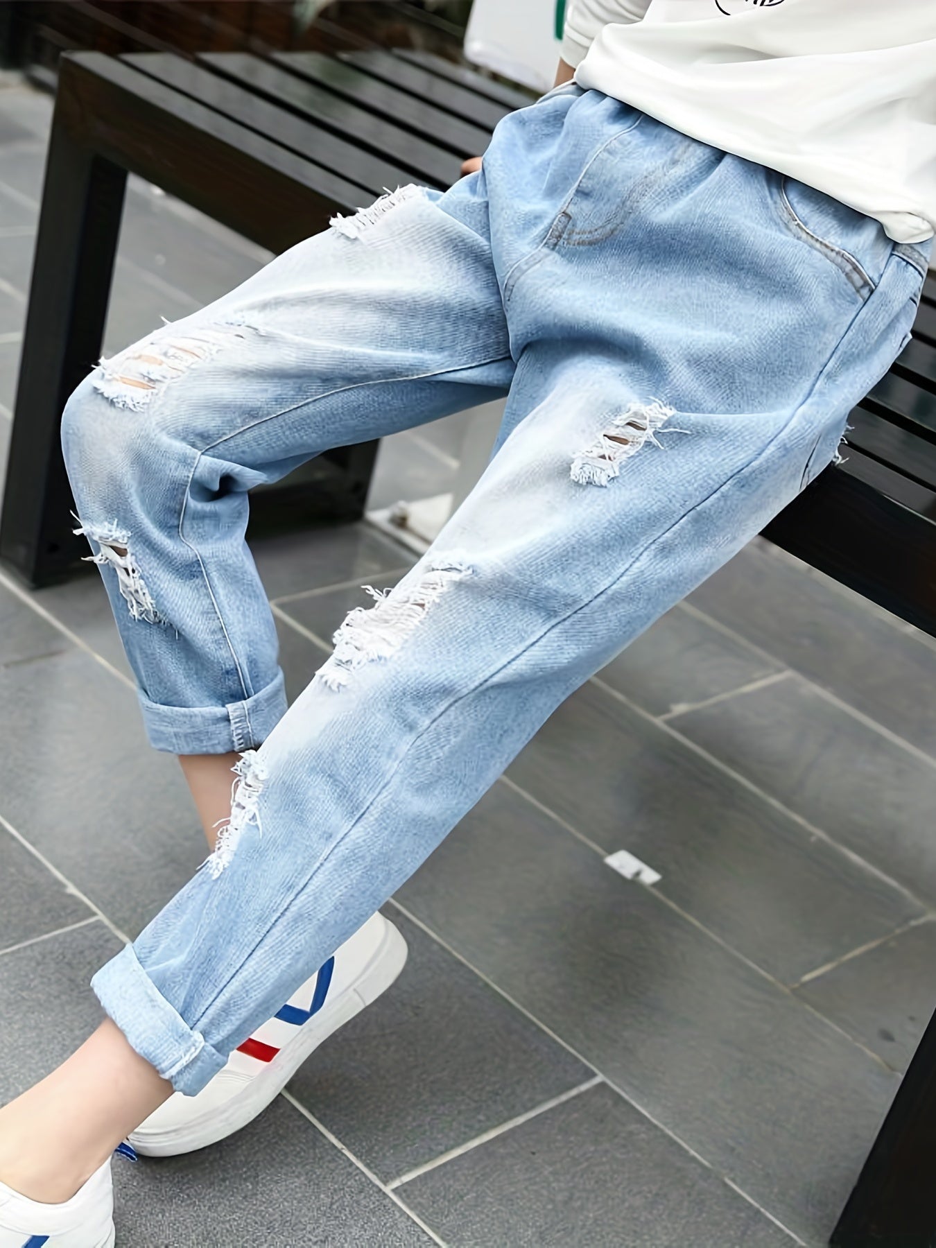 Girls Geometric Cartoon Jeans Elastic Waist Trousers 5-12 Years