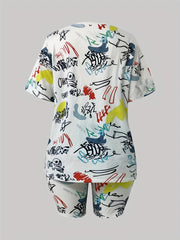  Allover Print Crop Top & Shorts 2 Piece Set
