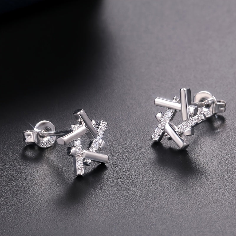 925 Silver Plated Star Stud Earrings Zircon Micro Paved Bridal Jewelry Women