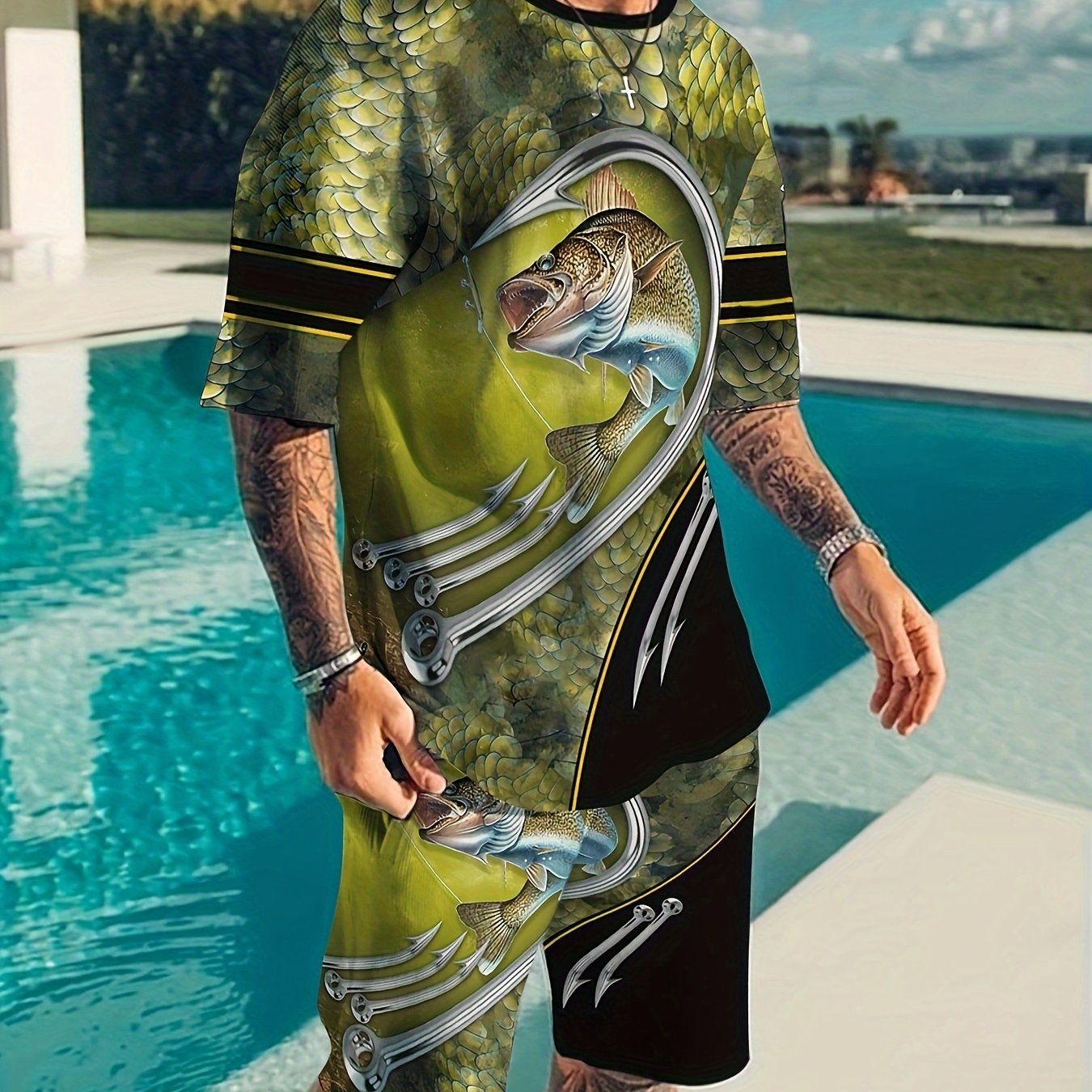 Fish & Fishhook 3D Pattern Men's Outfit: T-shirt & Shorts