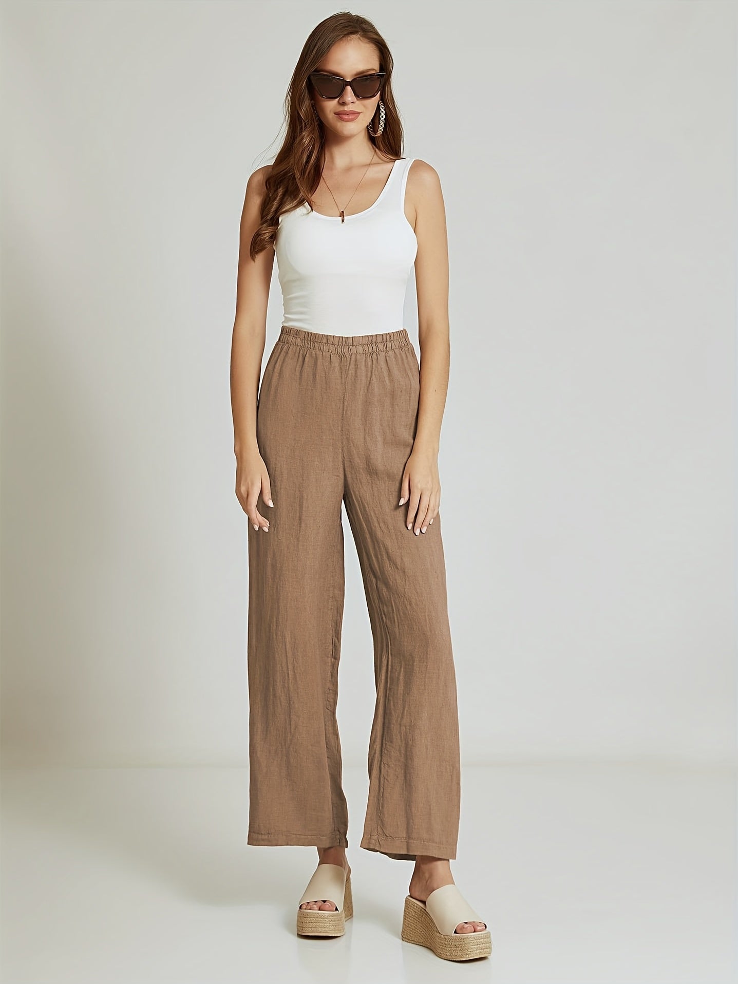  Wide Leg Loose Trousers Elastic Waist Casual Pants