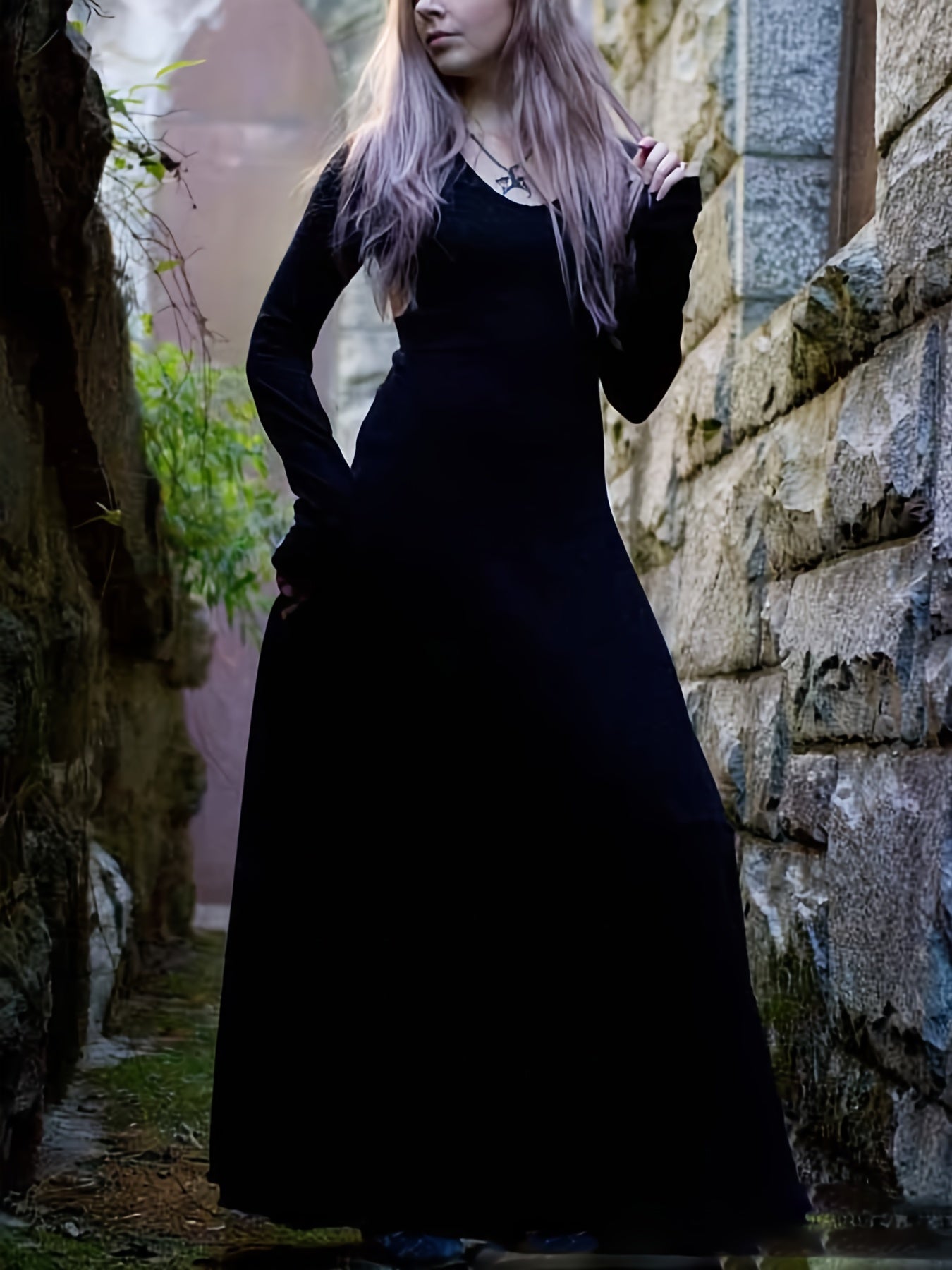  Gothic Dress Women's Solid Long Sleeve Maxi Dress