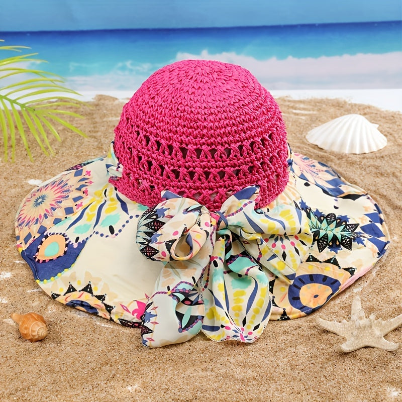 Boho Print Stitching Sun Hat Wide Brim Vintage Crochet Straw Hat