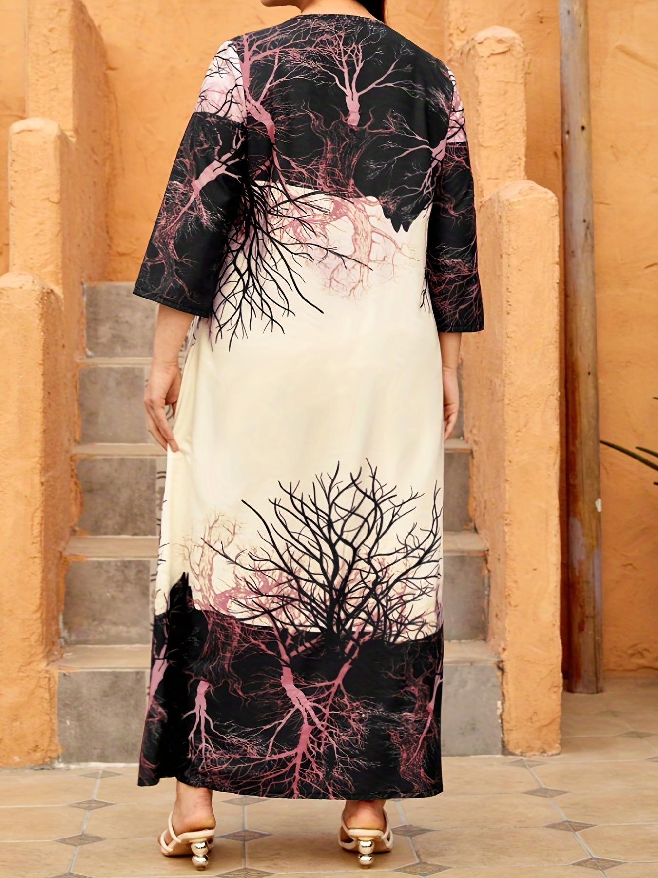  Colorblock Branch Print Maxi Dress