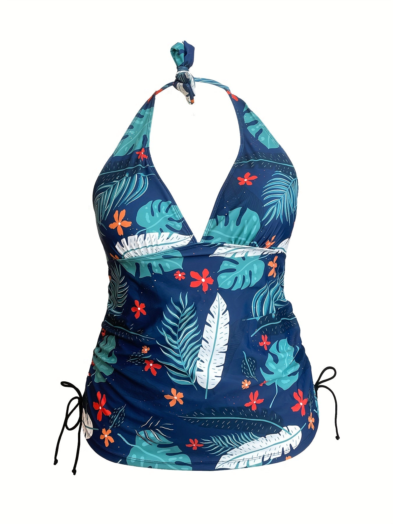 Tropical Print Plus Size Tankini Set - Halter Neck Knot Top & Shorts