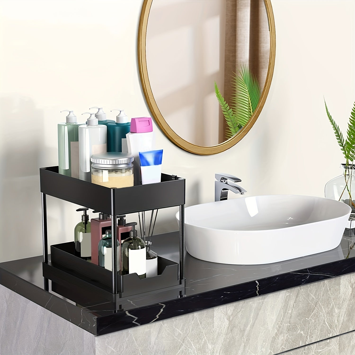 2 Tier Sliding Cabinet Basket Organizer Under Sink Storage Bathroom Kitchen