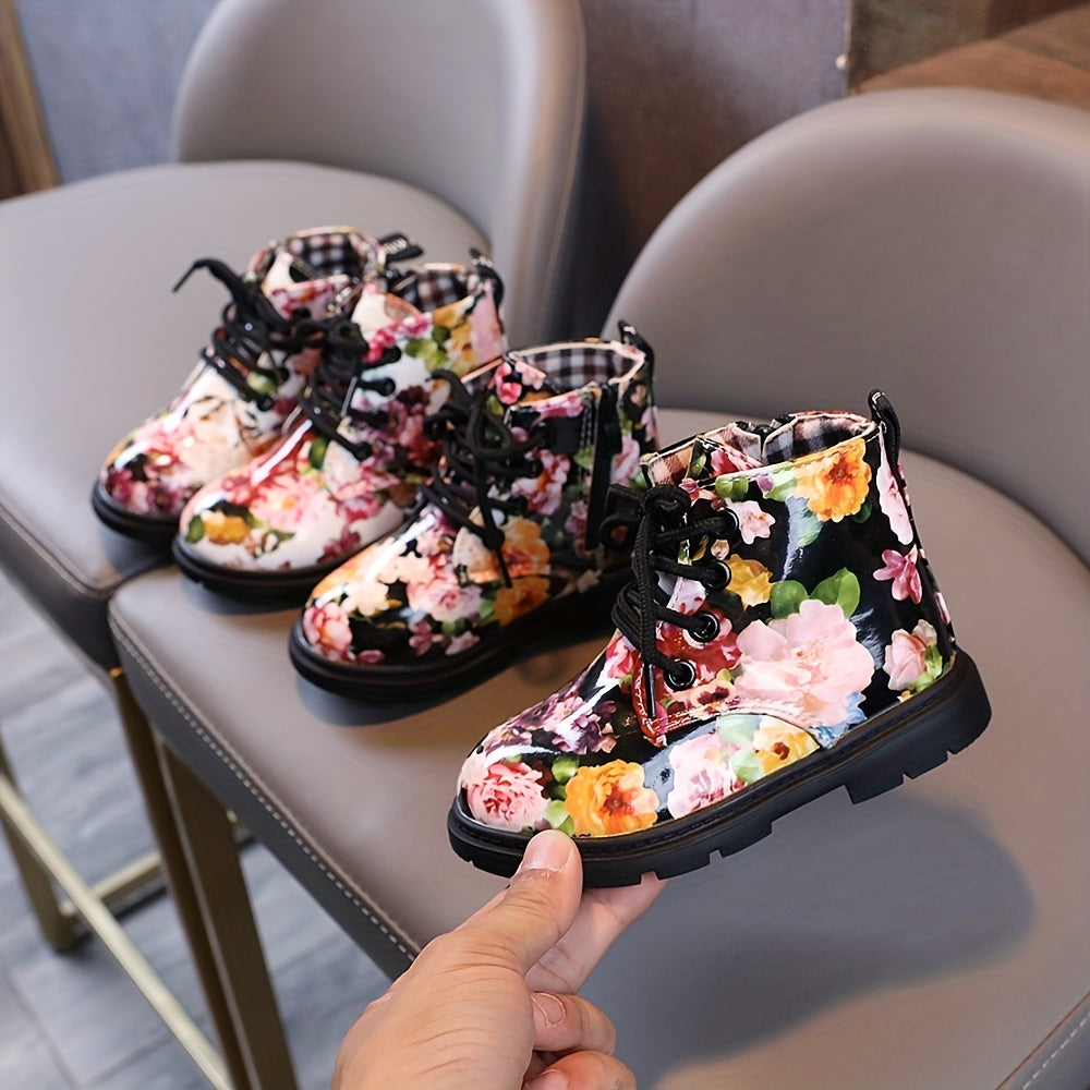 Girls Flower Print Ankle Boots Outdoor Shoes For Toddler