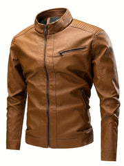 Men's Vintage PU Leather Jacket Stand Collar Zip Up Faux Leather Jacket