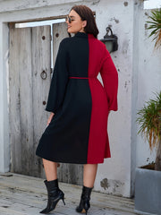  Colorblock Lantern Sleeve Shirt Dress With Belt