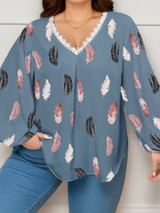  Feather Print Lace Trim Lantern Sleeve V Neck Blouse