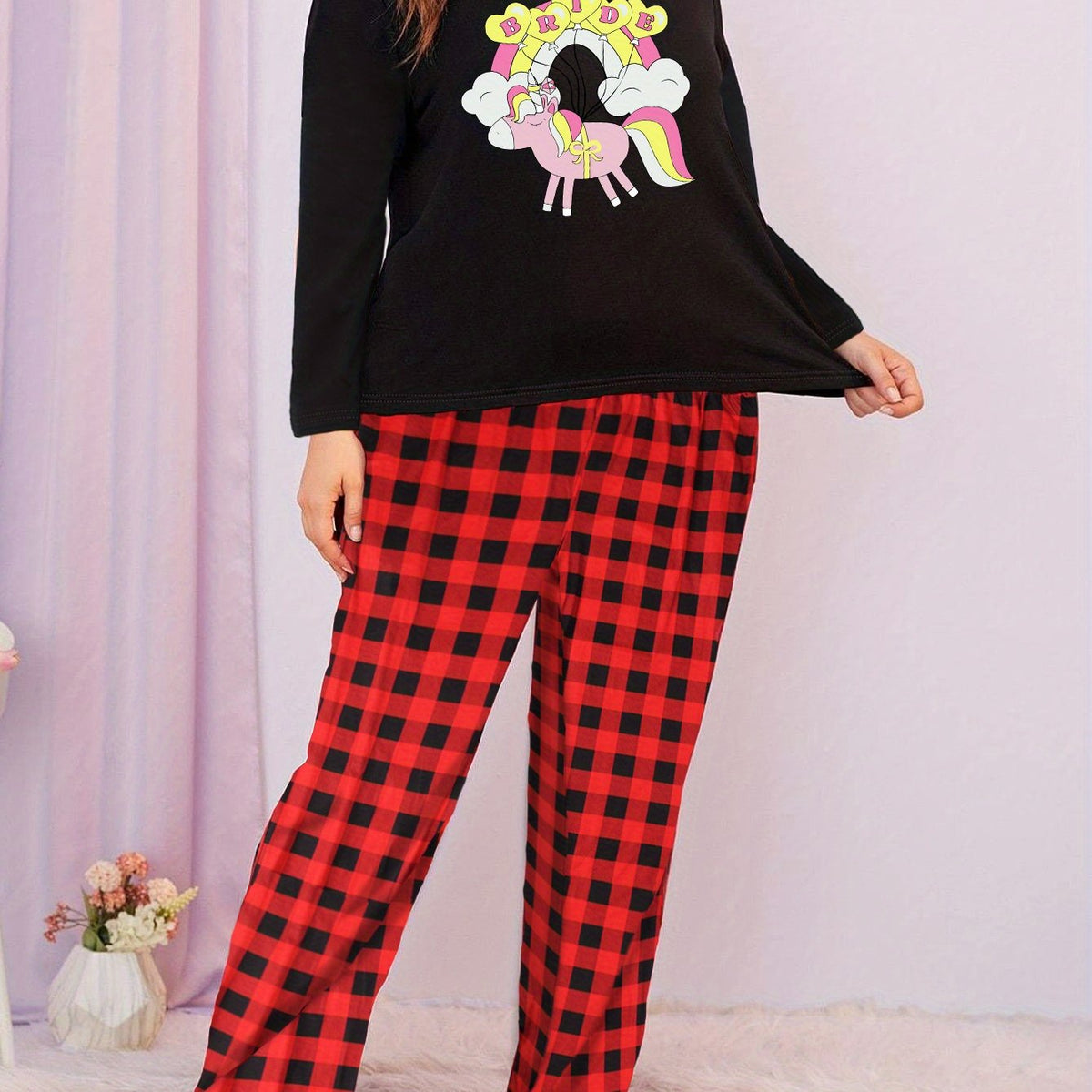  Women's Unicorn Graphic Long Sleeve Tee & Plaid Pants Lounge Set
