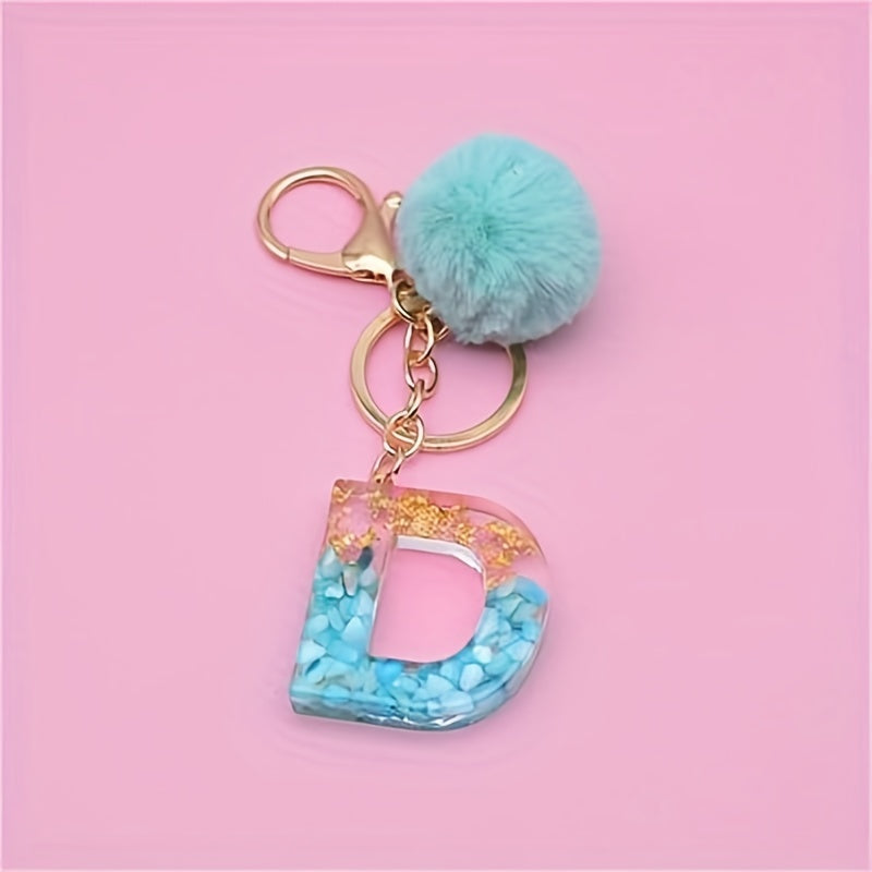 Plush Ball & Plastic Letter Keychain for Women & Girls