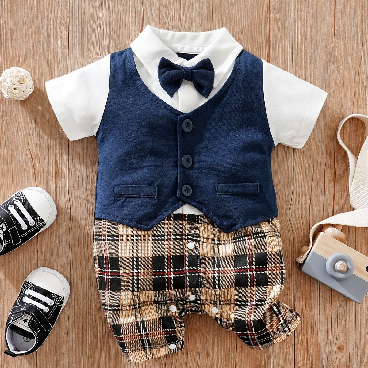 Baby Boys Plaid Tuxedo Romper With Bowtie