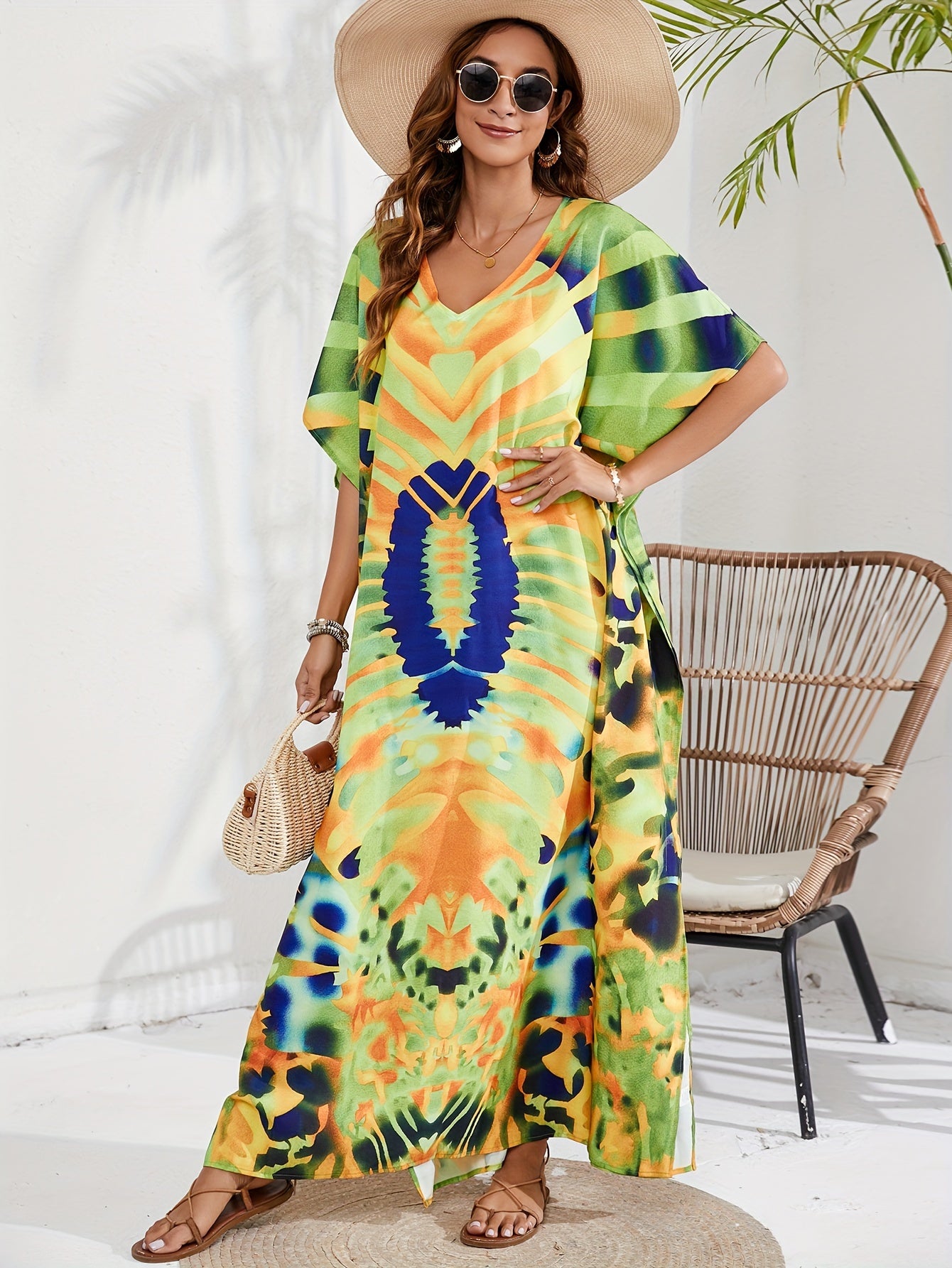  Boho Cover Up Women's Allover Print Maxi Split Dress