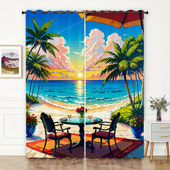 Cartoon Beach Seaside Table And Chair Pattern Curtain Tapestry