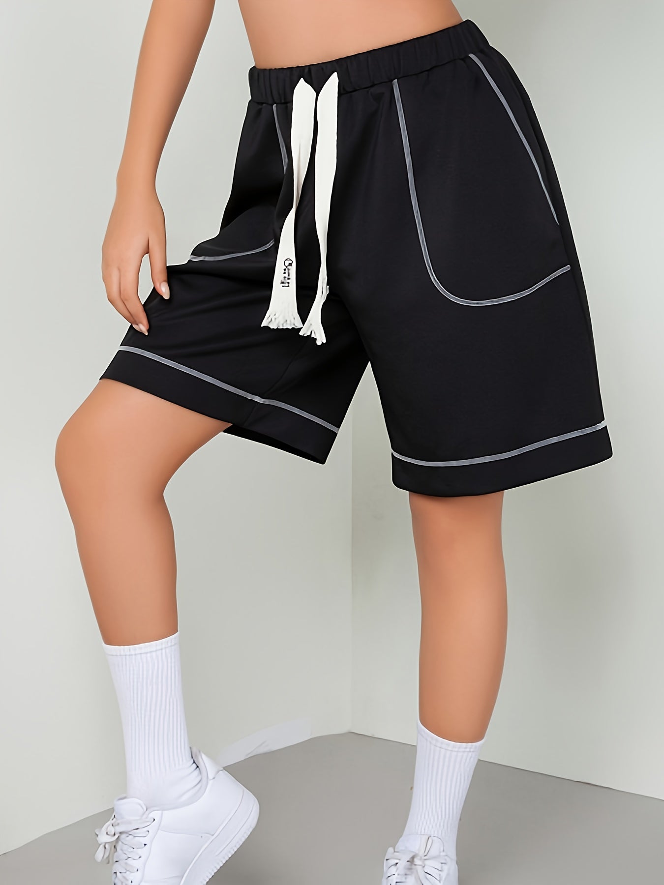  Casual Shorts Women's Plus Solid Stitching Elastic Drawstring