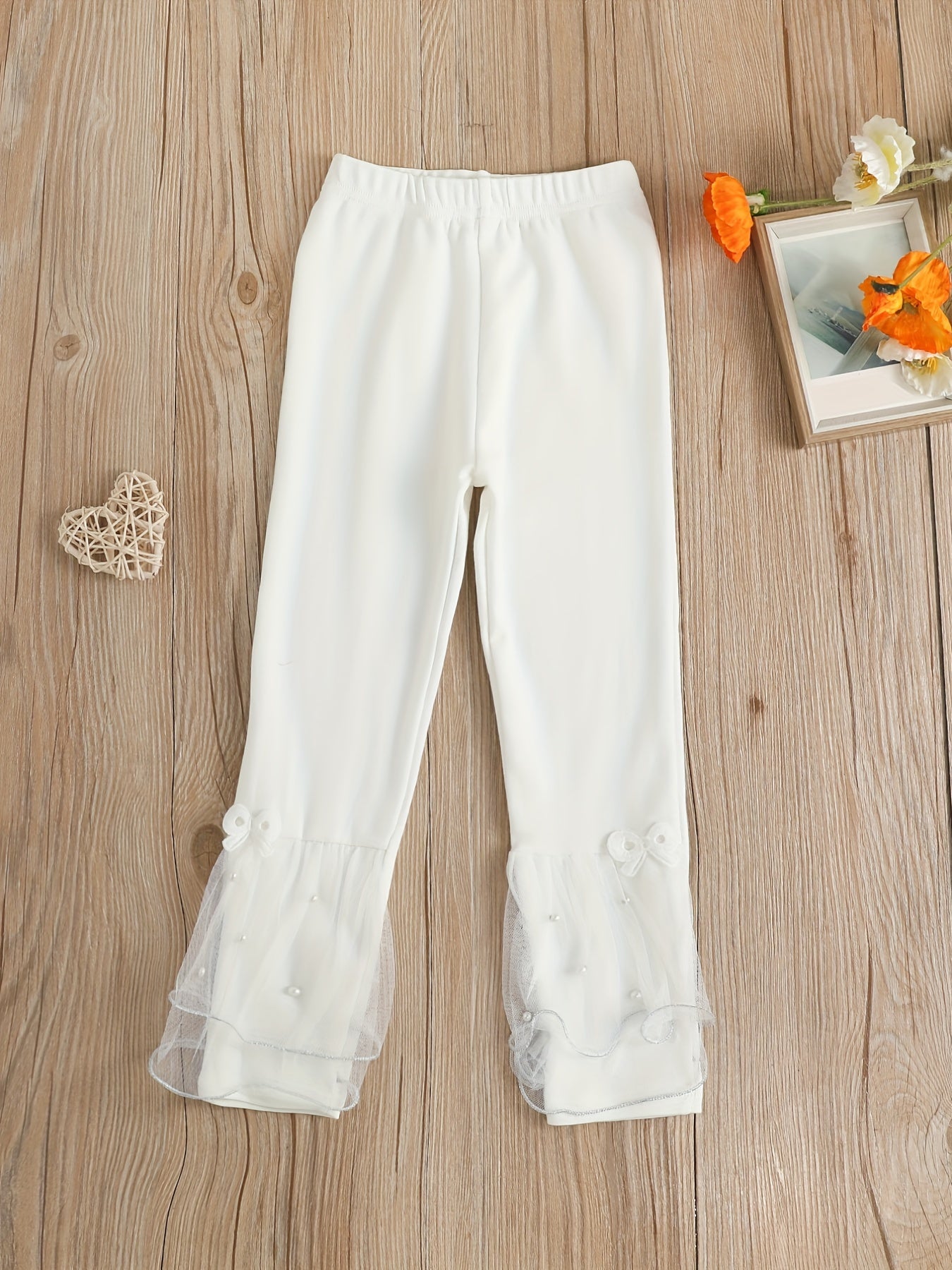 Girls Ruffle Mesh Trim Leggings With Bowknot