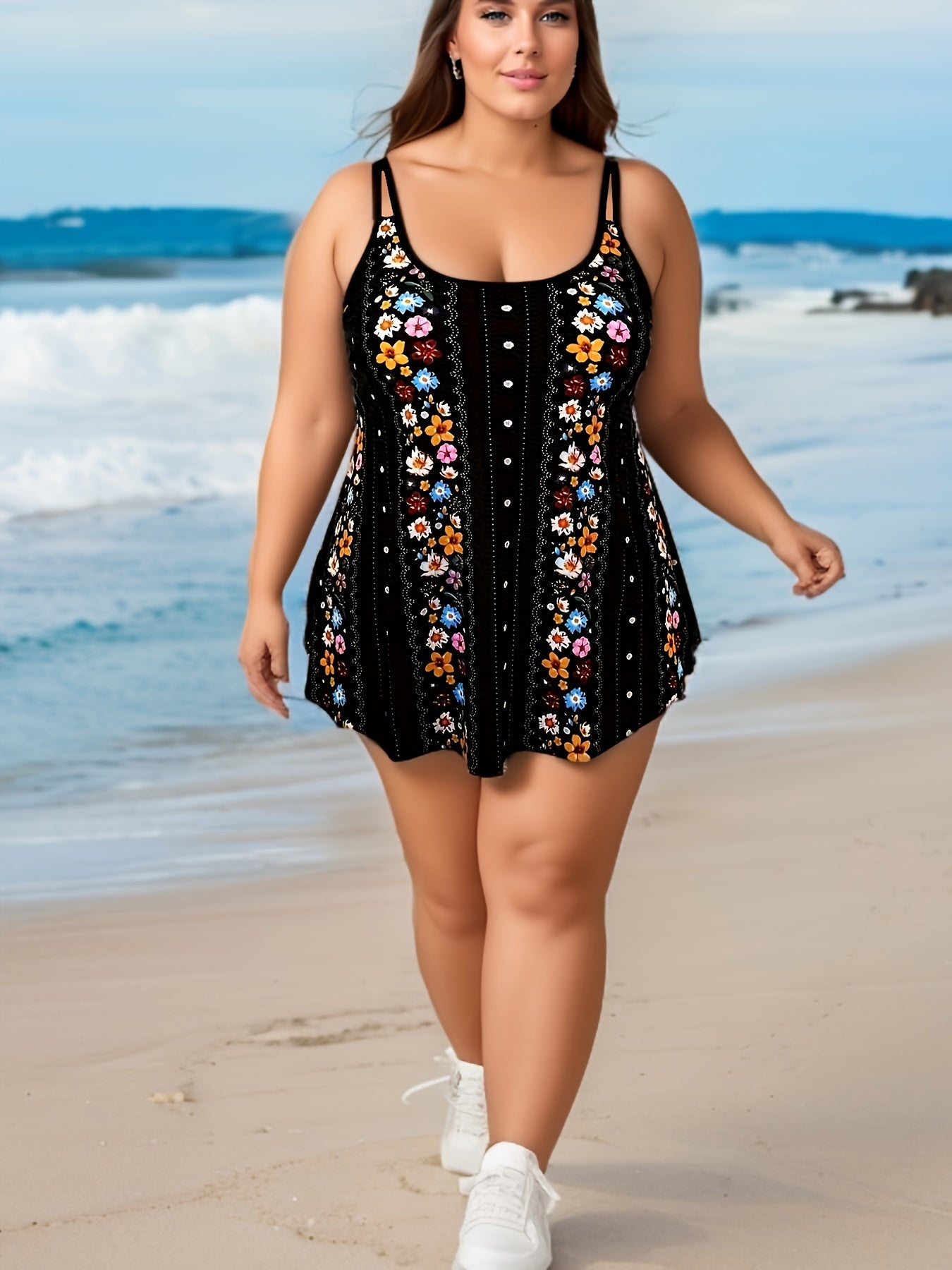 Women's Plus Size Floral & Striped Tankini Set Square Neck Cami Top