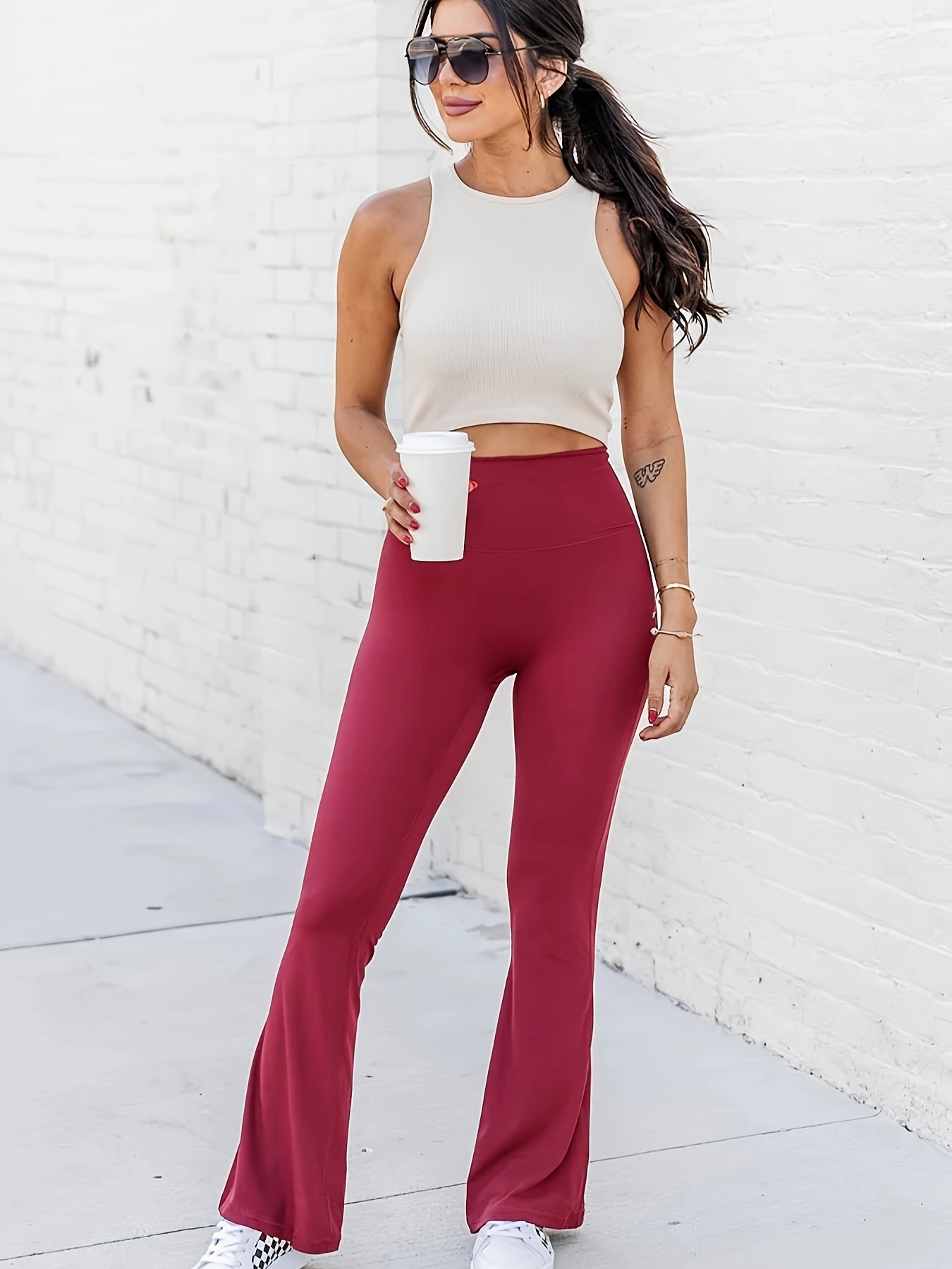  Solid Wideband Waist High Rise Flared Leggings
