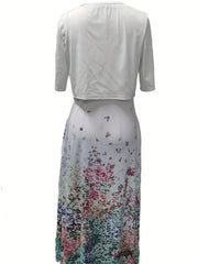 Two Piece Set Cropped Cardigan & Floral Print Dress