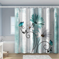 Waterproof Shower Curtain with Flower Pattern Bathroom Rug Set