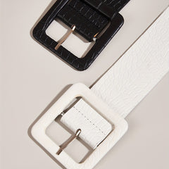 Stone Pattern Embossed Belt Wide Waistband Square Buckle Women Dress Girdle