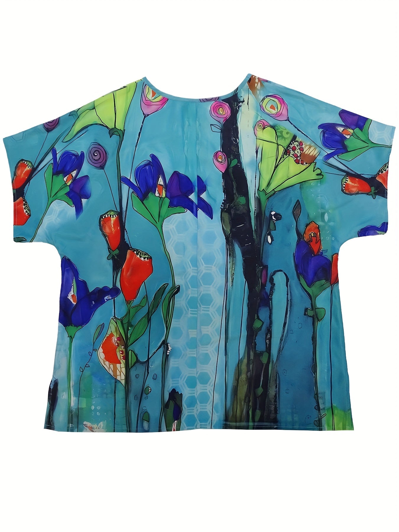  Floral Print Short Sleeve Split Blouse