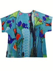  Floral Print Short Sleeve Split Blouse