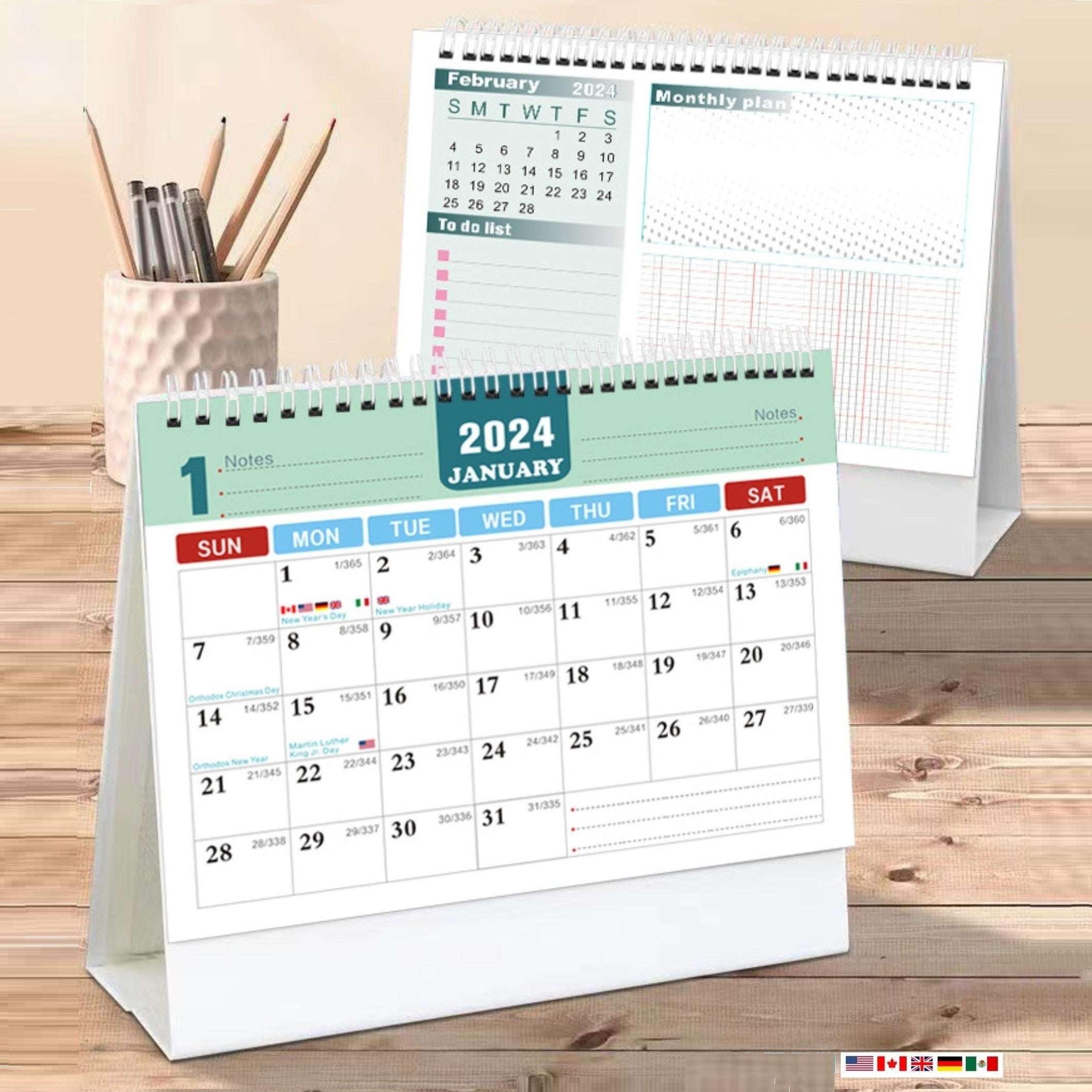 20x20 Years Fresh Fancy Style English Desk Calendar with National Holiday Markin