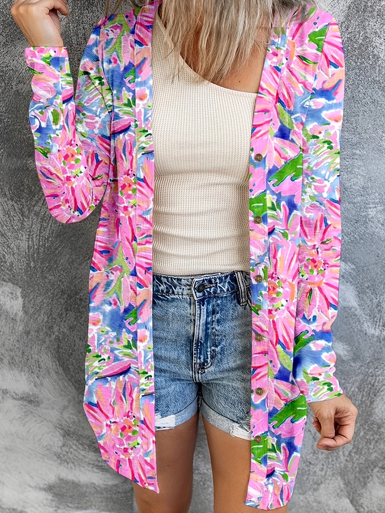  Solid Round Neck Button Up Cardigan