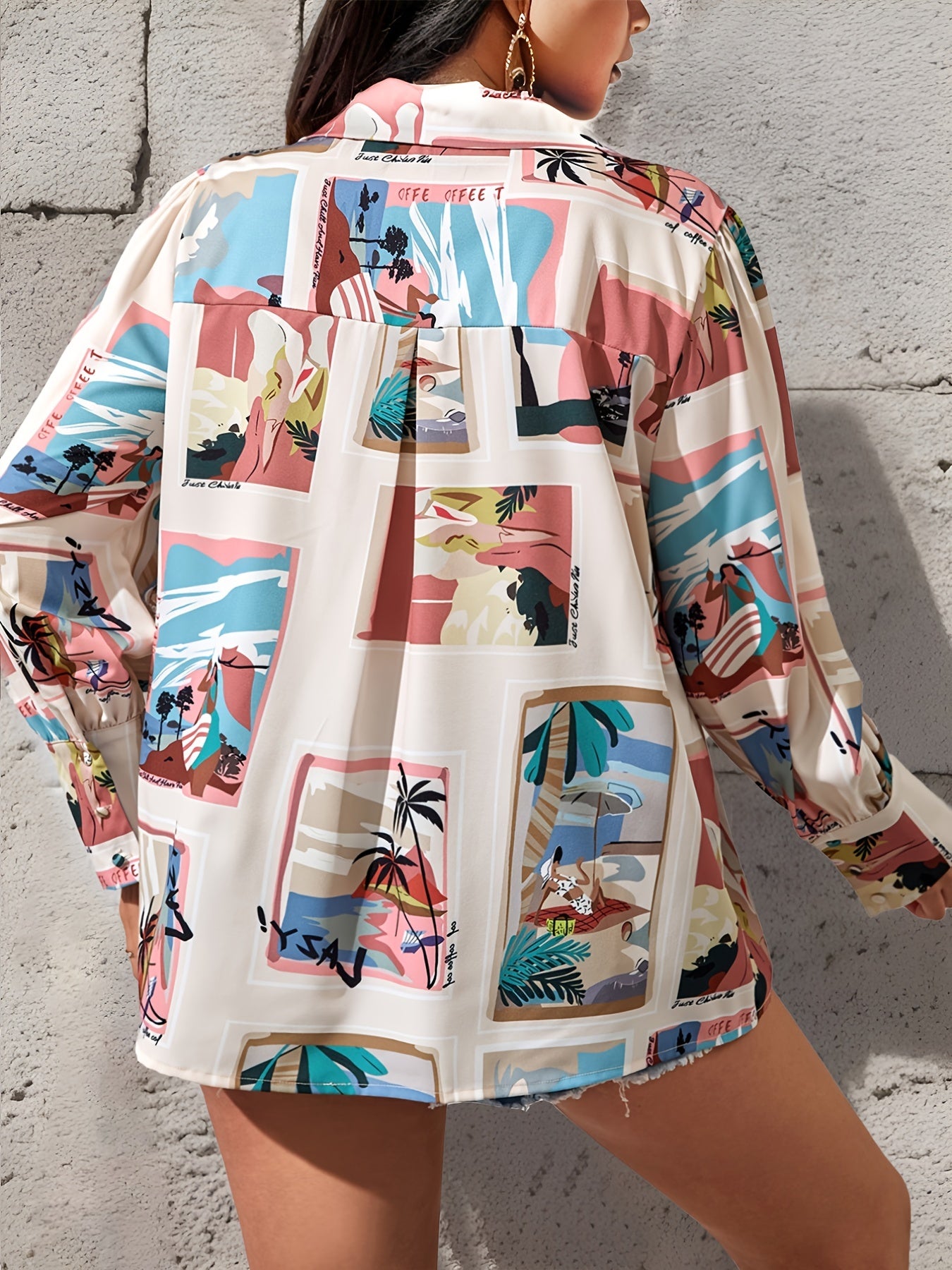  Allover Print Puff Sleeve Button Up Top