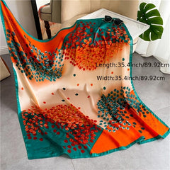 Colorful Leaves Satin Print Square Scarf for Women