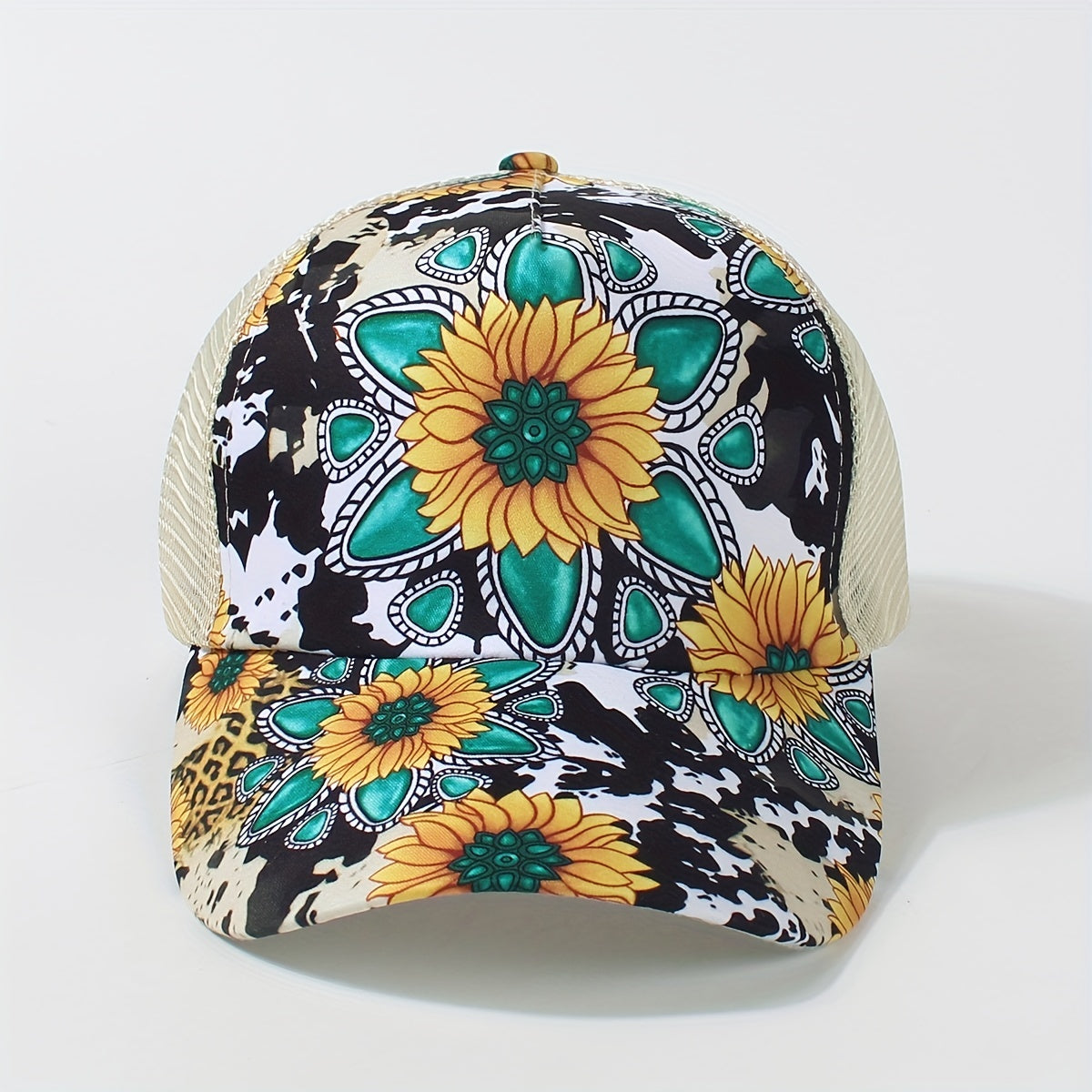 Sunflower Print Ponytail Trucker Hat Adjustable Baseball Cap Mesh Breathable Sun