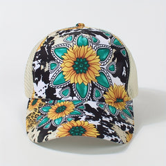 Sunflower Print Ponytail Trucker Hat Adjustable Baseball Cap Mesh Breathable Sun