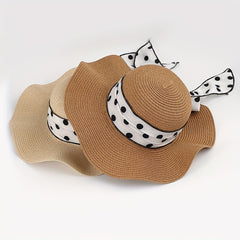 Dotted Ribbon Bowknot Sun Hat Ruffles Wide Brim Straw Bucket Hats