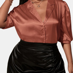  Satin Lapel Collar Short Sleeve Shirt Women's Plus Slight Stretch Shir