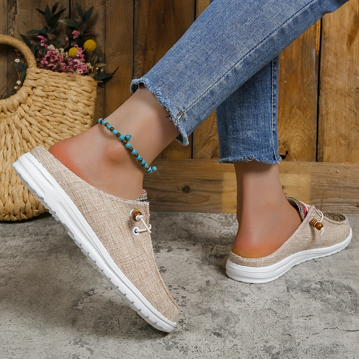 Women's Ethnic Style Canvas Lace Up Mule Sneakers