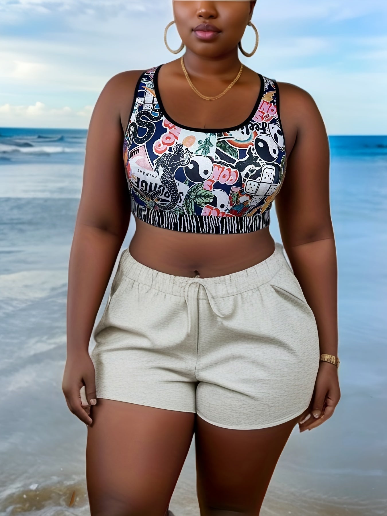  Sports Tank Top Graphic Print High Stretch Round Neck Plus Women