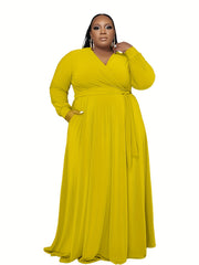  Solid Long Sleeve Maxi Dress Pockets