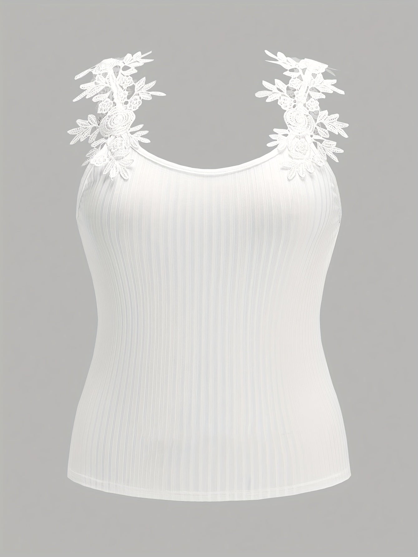  Solid Contrast Lace Ribbed Tank Top