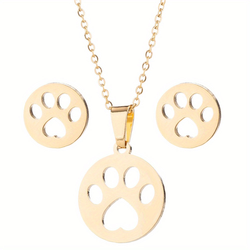 Stainless Steel Origami Cat Necklace and Earrings Set - Animal Pet Jewelry