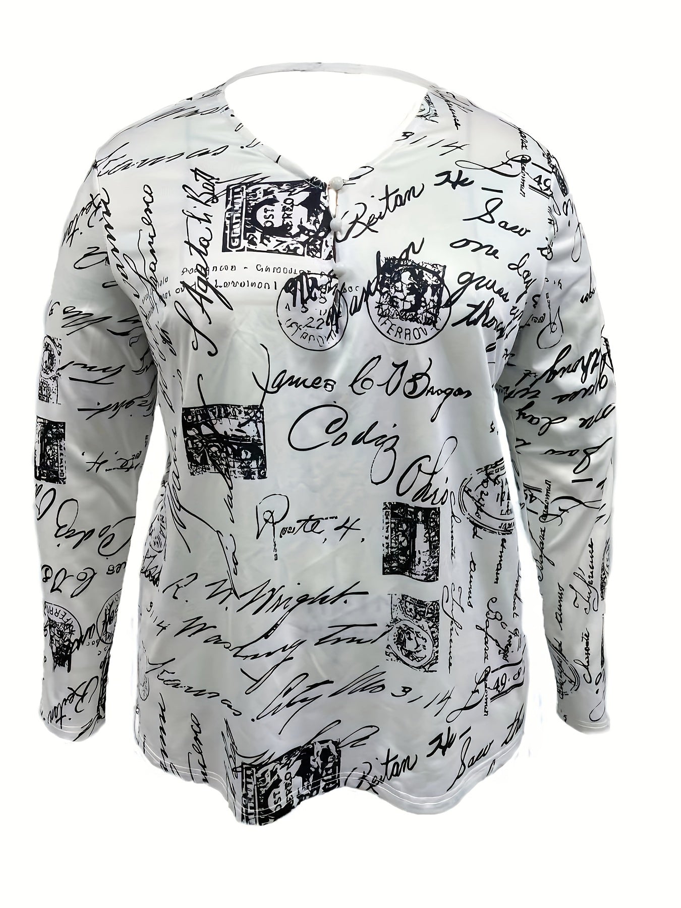  Graffiti Print Long Sleeve V Blouse
