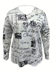  Graffiti Print Long Sleeve V Blouse
