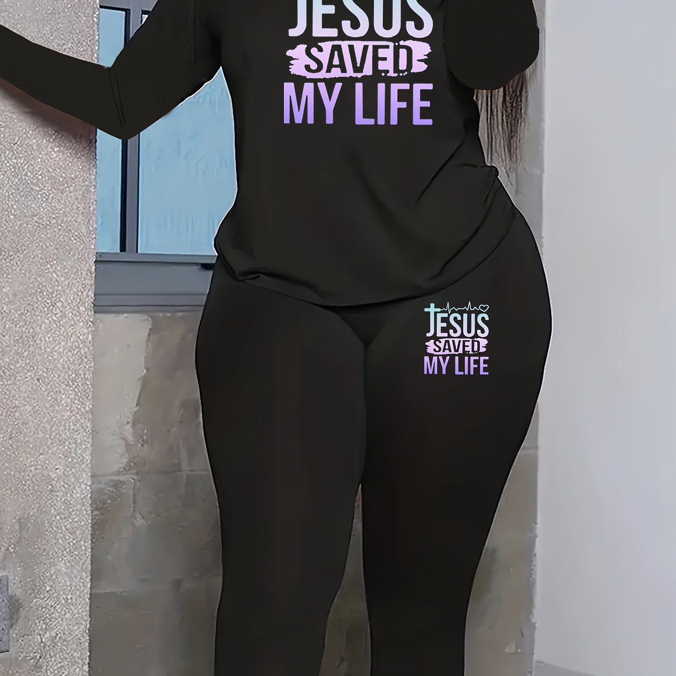  Slogan Print Top & Leggings Set