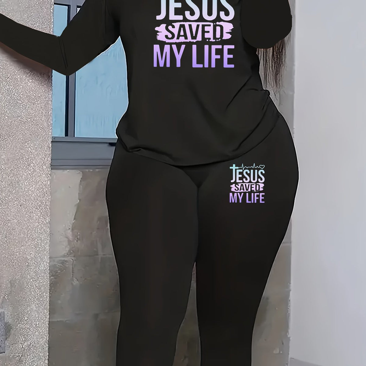  Slogan Print Top & Leggings Set
