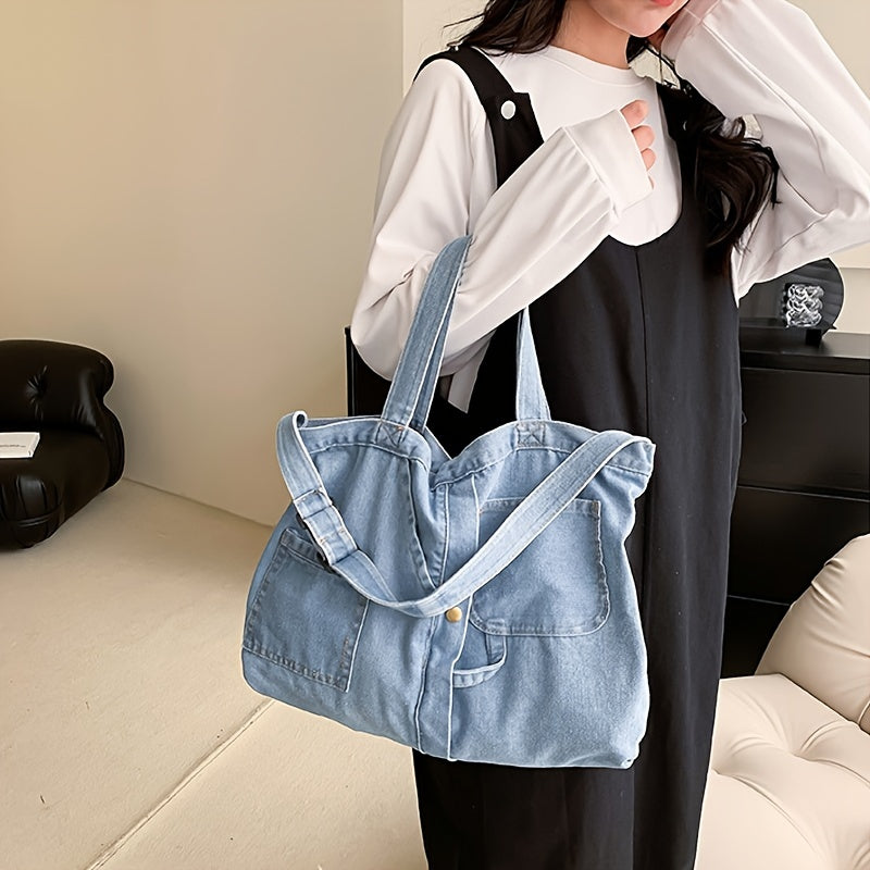 Casual Denim Shoulder Bag Large Capacity for Work Shopping
