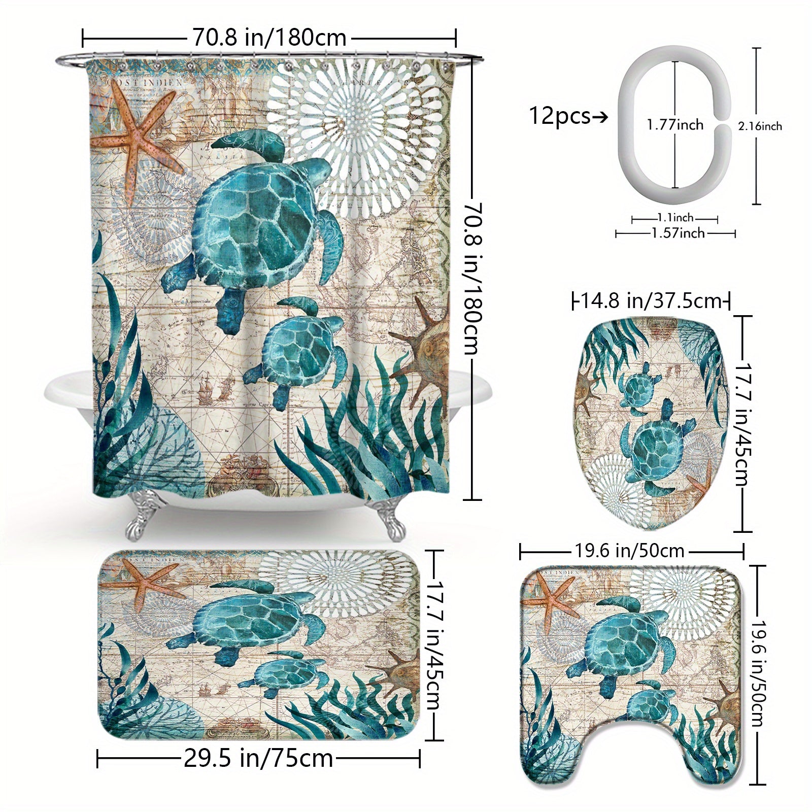Waterproof Turtle Shower Curtain with Hooks