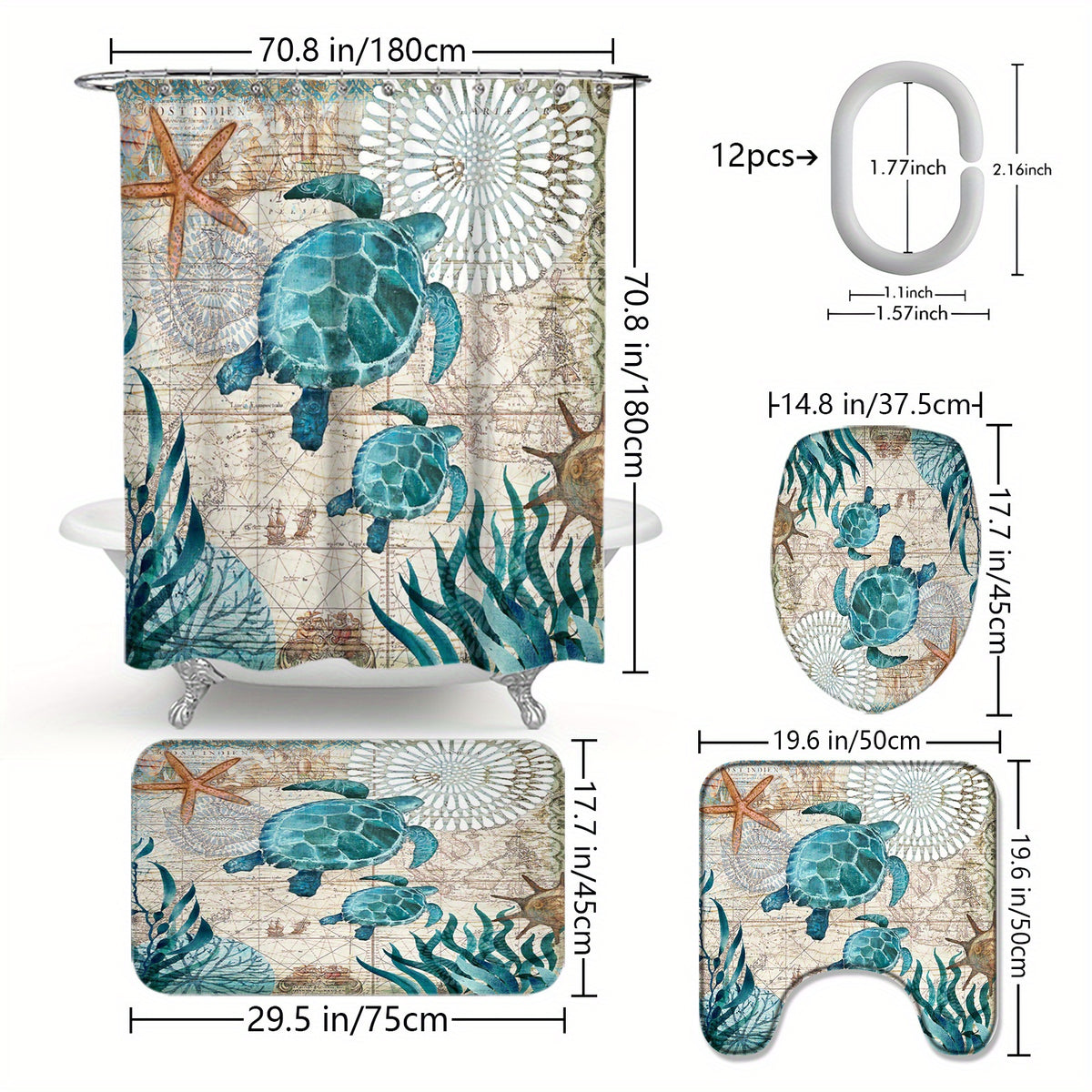 Waterproof Turtle Shower Curtain with Hooks